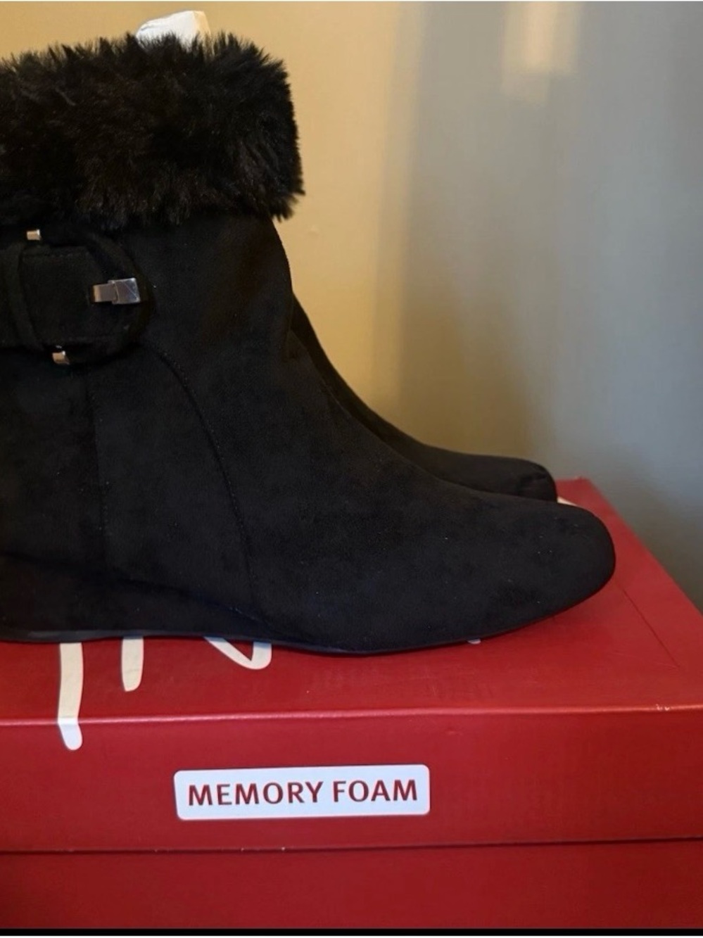 Women's Black Faux Fur Cuff Ankle Booties - Comfort Memory Foam